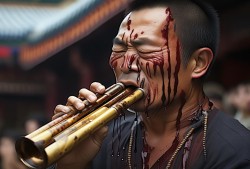 奇人再现！男子口鼻并用，三唢呐齐鸣，吹到流鼻血仍不罢休