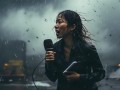 记者被台风吹到模糊，却依然坚守岗位