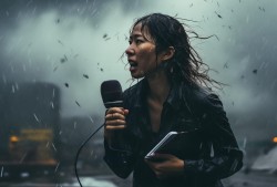 记者被台风吹到模糊，却依然坚守岗位