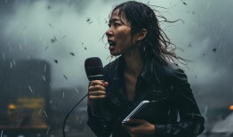 记者被台风吹到模糊，却依然坚守岗位