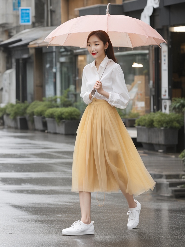 时尚圈的伞裙风潮，全智贤的白色抹胸伞裙，优雅如雨中漫步的仙子