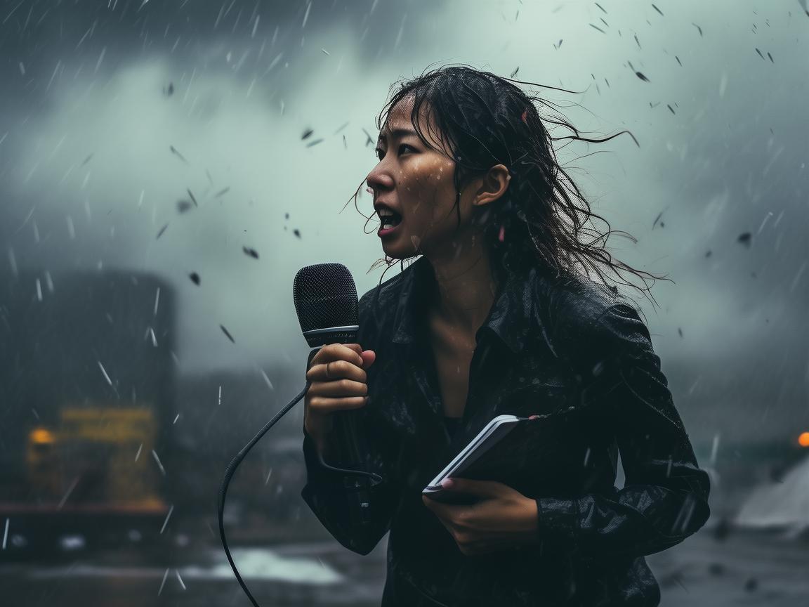 记者被台风吹到模糊，却依然坚守岗位