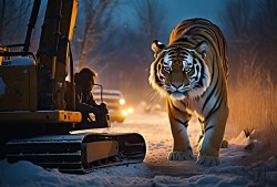 夜幕下的机遇，挖掘机女司机与东北虎的奇遇记