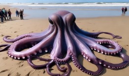 英国海滩惊现海怪？原来是只迷路的巨型章鱼！