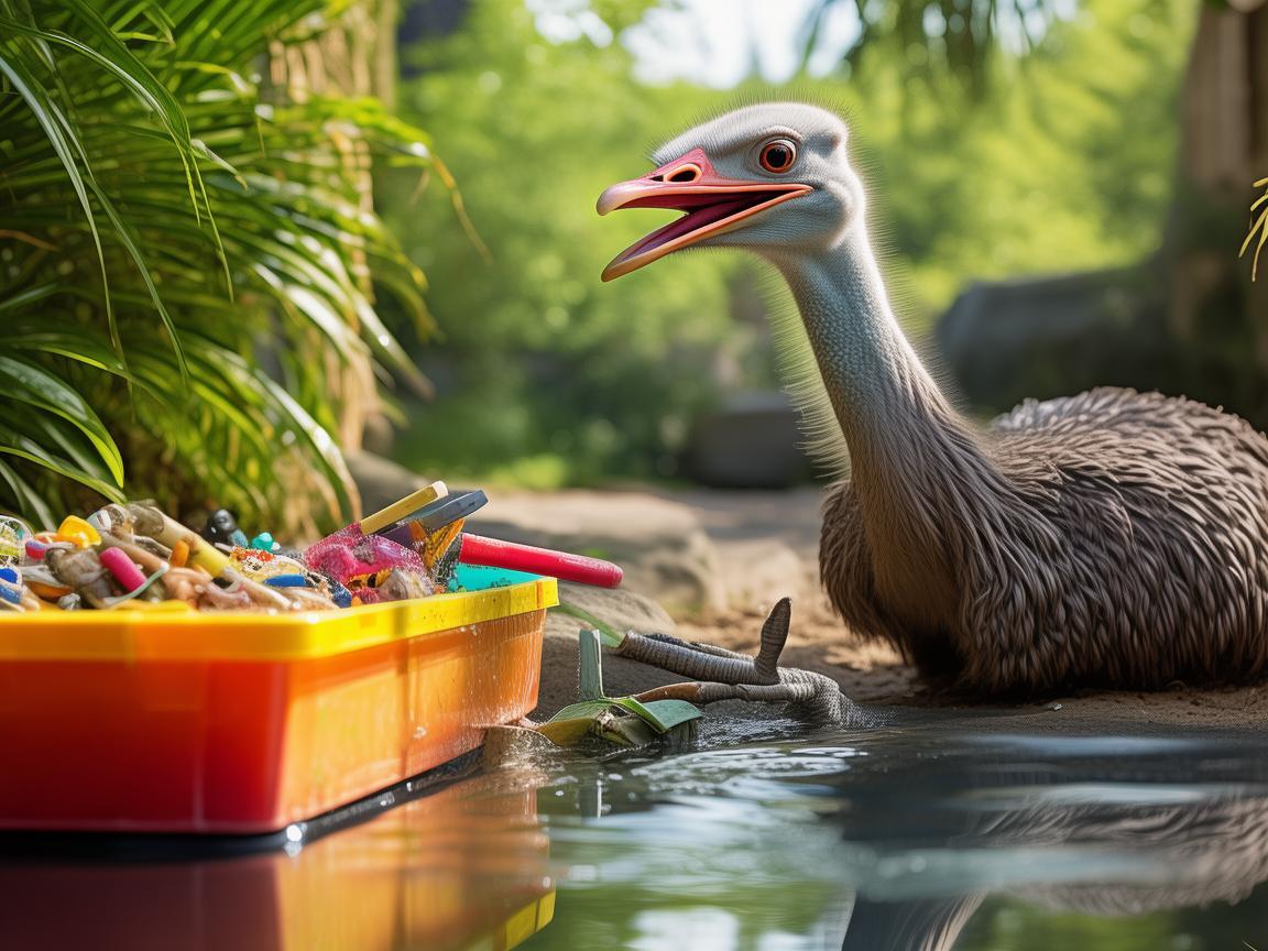 动物园鸵鸟解锁新技能，垃圾桶里的奇妙探险